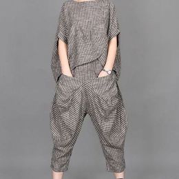Women's TShirt Summer Suits RETRO Art Stripe Short Sleeve Tshirt Loose Top Knickerbockers Casual Pants Two Piece Sets 230110