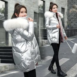 Women's Down Parkas Winter Parka Fur Collar Hooded Coat Female Jacket Long Casual Thick Warm Ladies Snow Wear Silver 230111