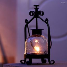 Candle Holders Glass Cover Candlestick Home Decoration Nordic Romantic Portable Light Vintage Iron Candles Holder Pography Props