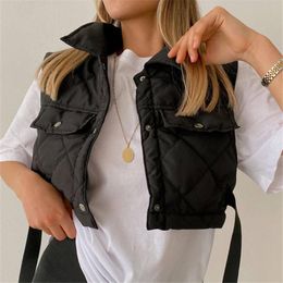 Women's Vests Women 2023 White Pocekts Quilting Cropped Fashion Side Buttons Tie Turn-Down Collar Waistcoat Streetwear Clothing