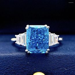 Cluster Rings Sea Blue Treasure Colour Cut S925 Silver Ring Female Rectangle 8 10 European And American Fashion Super Flash