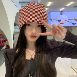 Berets Red And White Plaid Wool Caps Korean Ins Checkerboard Beanie Women Autumn Winter Fashion All-match Knitted Hat