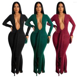 Casual Dresses Sexy Deep V Neck Long Party Dress Women Sleeve Bodycon Ruffled Autumn Shiny Night Clubwear Evening Sundress Clothes