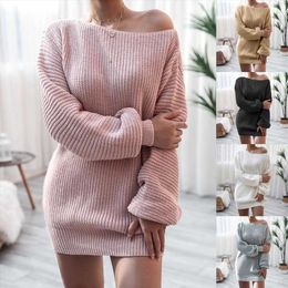 Autumn And Winter Long Sleeve Dresses Off Shoulder Casual Loose Knitted Sweater