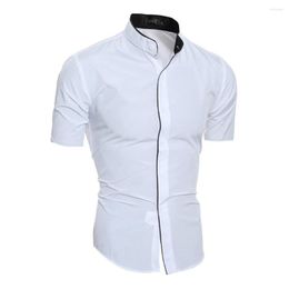 Men's Casual Shirts Men Summer Button Down Short Sleeve Business Fashion Stand-up Collar Slim-fit Cotton Shirt White T-shirt