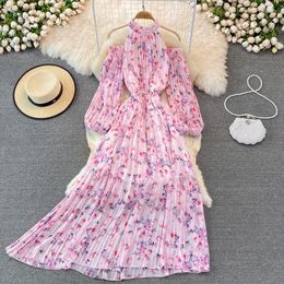 Casual Dresses 2023 Women's Chiffon Print Flowers Halter Neck Off Shoulder Puff Long Sleeve High Waist Big Expansion Maxi Dress