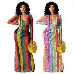 Casual Dresses Sexy Fishnet Hoodie Long Dress Women Sleeve Club Party See Through Striped Boho Sundress Autumn Spring Beach Wear
