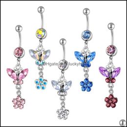 Navel Bell Button Rings Diamond Inlay Mticolor Butterfly Flower Puncture Jewellery Umbilical Nail Medical Steel Dance Belly Ring Acc Dho4J