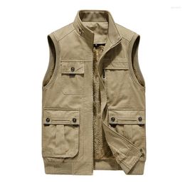 Men's Vests 2023 Khaki Waistcoat Men's Autumn Winter Sleeveless Jacket Fleece Liner Warm Vest Tops Man Cotton Fabric Casual M-5XL