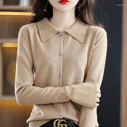 Women's Knits #4078 Spring Autumn Knitted Sweaters Coat Women Polo Collar Cotton Elastic Knitwear Cardigans Femme Solid Color