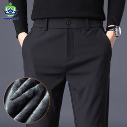 Men's Pants Winter Warm Fleece Thick Business Stretch Slim Fit Elastic Waist Jogger Korean Classic Black Grey Blue Trousers Male 230111