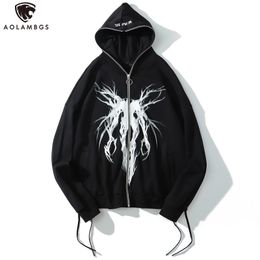 Men's Hoodies Sweatshirts Aolamegs Punk Graphic Print Zipper Ribbon Hooded Hoodie Men Casual Black Cool Oversize Coat Fashion Sweatshirt Streetwear Autumn 230111