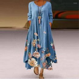 Casual Dresses Elegant For Women Blue Long Sleeve Flower Printting Round Neck Midi Dress Irregular Hem Plush Size Party-dress