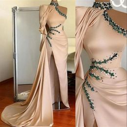 2023 Sexy Champagne Evening Dresses High Neck Illusion Crystal Beads Side Split Satin Long Sleeve Floor Length Party Dress Prom Gowns