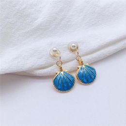 Backs Earrings GRACE JUN Gold Colour Blue Shell Pearl Clip On Earring No Pierced For Women Party Fashion Temperament Mosquito Coil Cuff Ear