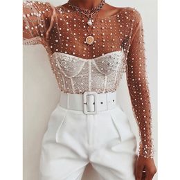 Women's TShirt Gtpdpllt Sexy See Through T Shirt Women Mesh Patchwork Diamonds pearl Slim tshirts Elegant Crop Tops Female Spring Clothes 230110