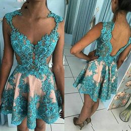 Short Prom Dresses Sexy Jewel Neck Turquoise Champage Lace Appliques Crystal Beads Sleeveless Open Back Cutaway Sides Evening Dress Pageant Party Gowns 403