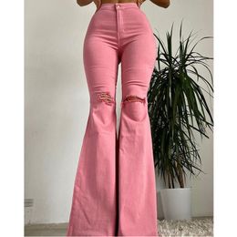 Women's Jeans Woman Slim Fit Solid Color Bell bottoms Classic Style Ripped High Waist Long Denim Pants Street Retro Stretchy 230110