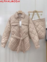 Women's Down Parkas ALPHALMODA quilted Lattice Coat Sashes Pocket Loose Ladies Fashion Jacket with Bags 230111