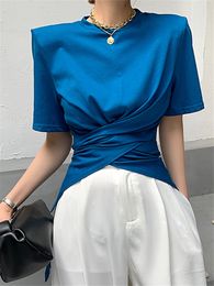 Women's TShirt Summer Solid Cross TShirts Short Sleeve ONeck Front Split Bottoming Minimalist Shirts Chic Long Tops Female 230110