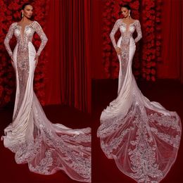 Luxury Mermaid Wedding Dresses Long Sleeves V Neck Sparkly Beaded Sequins Appliques Formal Dresses 3D Lace Hollow Satin Sexy Bridal Gowns Plus Size Vestido de novia