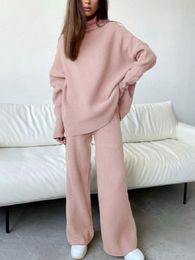 Women's Tracksuits Autumn Winter 2 Pieces Women Sets Knitted Tracksuit Turtleneck Sweater and Wide Leg Jogging Pants Pullover Suit Drop 230111