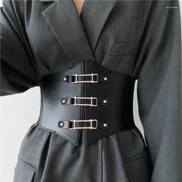 Belts Women's PU Leather Belt Rivets Wide Waist Stretch Waistband Steampunk Button Up Underbust Corset Fashion Aesthetic Bustier