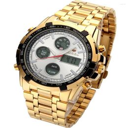 Wristwatches Gold Steel Band Multifunctional Dual Movement Electronic Watch Sports Waterproof Mens Watches Luxury Stainless