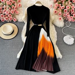 Women's o-neck long sleeve knitted faux 2 pieces gradient color pleated midi long sashes dress SMLXLXXL