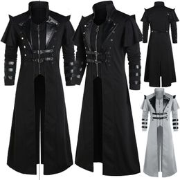 Costume Accessories Vintage Halloween Mediaeval Steampunk Assassin Elves Pirate Adult Men Black Long Split Jacket Gothic Armour Leather Coats 230111