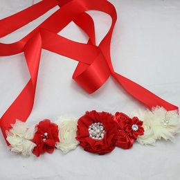 Belts RED And Ivory Chiffon Shabby Flower Sash Belt Bridesmaid Bridal Tulle Dress Gown Girl Accessories