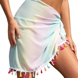 Women's Swimwear Women Lace-up Bikini Cover Ups 2023 Fashion Tie-dye See Through High Waist Mini Skirt With Tassels