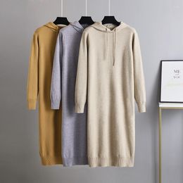 Casual Dresses Oversize Autumn Winter Basic Hooded Long Sweater Dress Women Loose Thick Maix Female Robe Chic Knit Straight