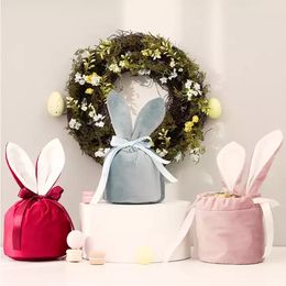 Velvet Easter Bunny Bucket Favour Short Ears Rabbit Basket Drawstring Candy Bag Soft Plush Storage Bags A0111