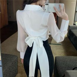Women's Blouses 2023 Spring Women Long Sleeve Blouse Lapel Collar V-neck Buttons Ladies Crop Top Belted Bowtie Shirts Blusas Mujer