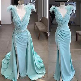 Sexy Prom Dresses Turquoise Deep V Neck Feather Lace Appliques Crystal Beads Overskirts Detachable Train Side Split Party Formal Evening Gowns