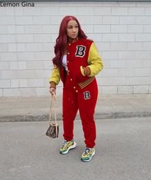 Women's Tracksuits Lemon Gina Baseball Set Autumn Winter Button Up Patchwork Sweatshirt and Pants Matching Two 2 Piece Outfits 230110