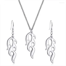 Necklace Earrings Set Silver Colour Flame Shaped Pendants Jewellery Women Domineering Rock Chain Hip Hop Punk Style Accessories