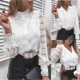 Women's Blouses Fashion Women Lace Stitching Elegant Stand Collar Hollow Flower Shirts Lady Tops Button White Blouse Woman Petal Sleeve