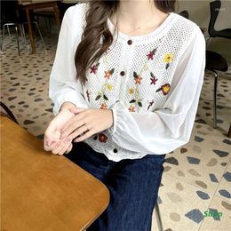 Women's Blouses L5YC Women Chiffon Puff Long Sleeve Cropped Cardigan Hollow Out Crochet Mesh Button Down Jacket Embroidery Floral Loose