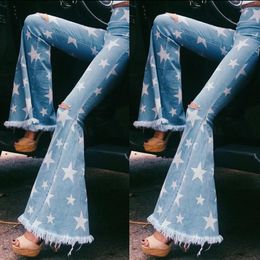 Women's Jeans Woman Fashion Skinny Star Shape Printed with Tassel Stretchy Denim Sexy High Street Bell Bottoms Vintage Flare Pants 230110