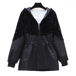 Women's Jackets Shiny Sequin Women's Jacket Spring Autumn Stitching Sequined Drawstring Casual Hooded Coat Ladies Black Windbreaker