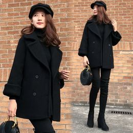 Women's Knits Tees Women Black Woollen Blend Coat Autumn Winter Double Breasted Mid Length Wool Outwear Korean Loose Femael Overcoat 230111