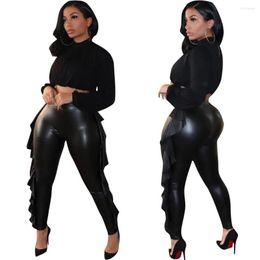 Women's Leggings Ruffled PU Long Pants Women Faux Leather Skinny Bottoms Winter Black Trousers Y2k Clothes Fashion Streetwear