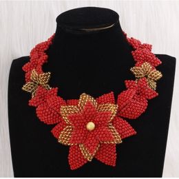 Earrings Necklace 4UJewelry Handmade Flower Jewellery Set Gold and Red 100 Braid African Pendant Luxury Crystal 230110