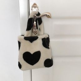 Evening Bags Faux Fur Black Heart Print INS Fashion Plush Hand Bag For Women 2023 Shoulder Female Purses Fluffy Shopper Handbag