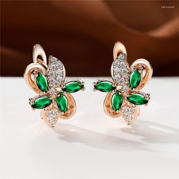 Hoop Earrings Cute Female Star Flower Crystal Green Zircon Stone Rose Gold Color Wedding For Women