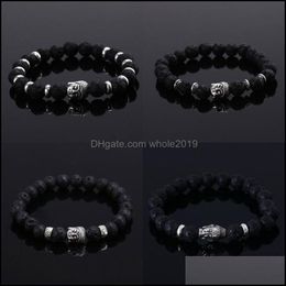 Charm Bracelets 8Mm Men Women Sier Plated Lava Natural Stone Volcanic Rock Prayer Lucky Beads Jewellery Drop Delivery Dhajq