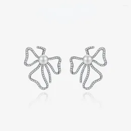 Stud Earrings Solid 925 Sterling Silver 8mm Natural Pearl Created Moissanite Diamond Flower Fine Jewellery For Women 2023