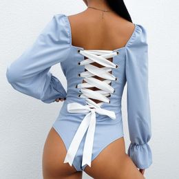 Women's Two Piece Pants Spaghetti Straps Lace Up Bandage Backless Bodycon Sexy Bodysuit 2023 Women Hollow Put Patchwork Female BodyWomen's